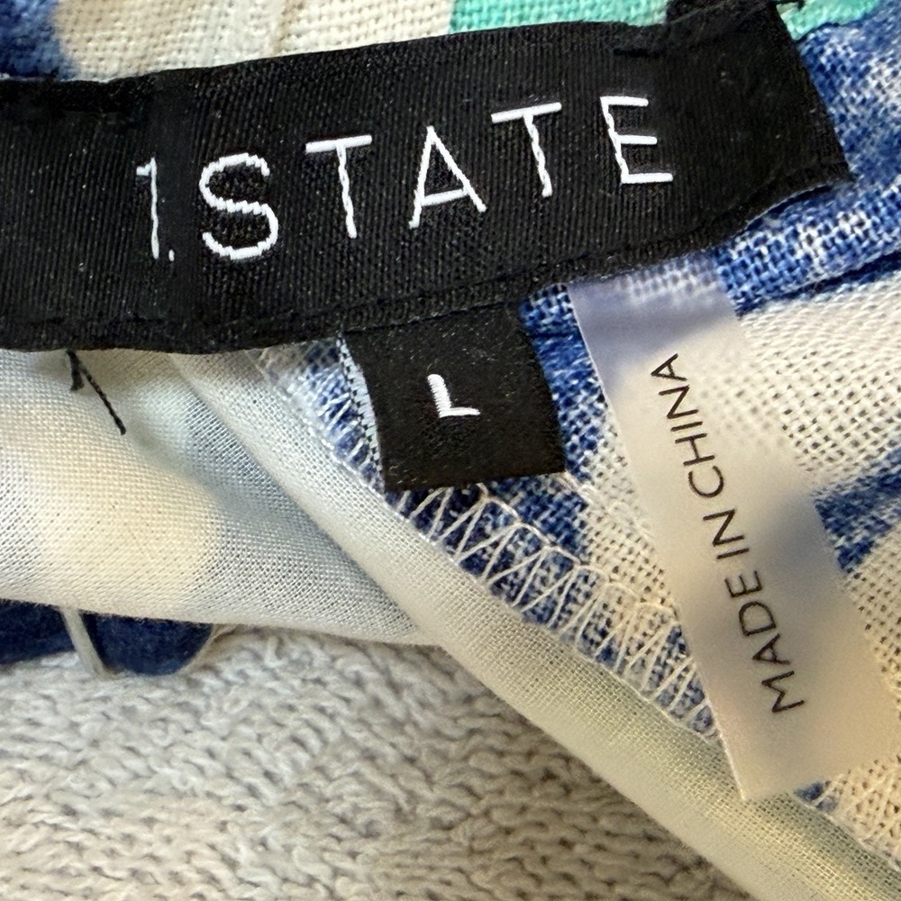 1 State Maxi Dress Womens Size Large Blue Floral Linen Blend Open Back High Slit - Picture 11 of 14